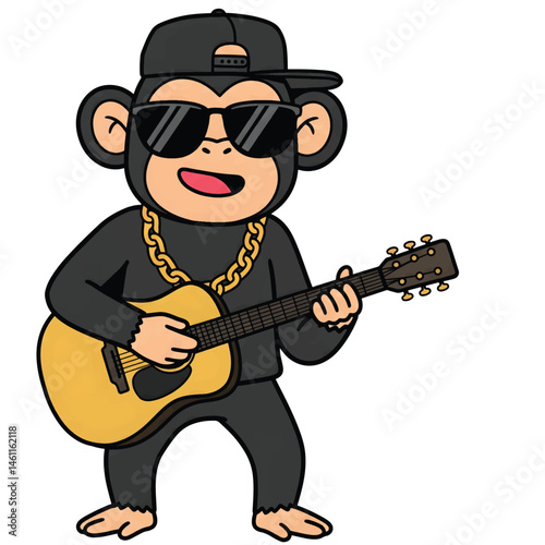 Cool monkey strums a golden guitar