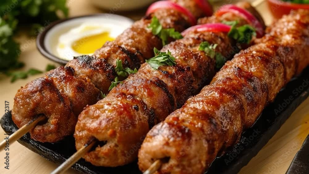 Appetizing lula kebab, decorated with greenery in a cafe. The concept of development of shashlik houses, cafes, restaurants. Empty space for text. Appetizing lula kebab, decorated with greenery in a cafe. The concept of development of shashlik houses, cafes, restaurants. Empty space for text.