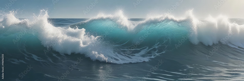 Fototapeta premium Abstract blue ocean waves, sunlight, white foam crests, ray, oceanic, wave