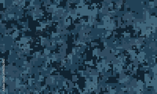 Abstract digital camouflage pattern in shades of blue. Ideal for backgrounds, textures, or design elements needing a modern, tactical, or stealthy aesthetic.