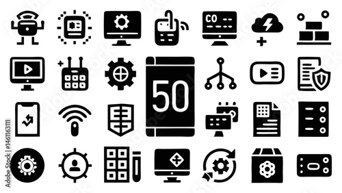 Programming and coding icon set with technology and software development elements perfect for illustrating information technology workflows and coding interfaces