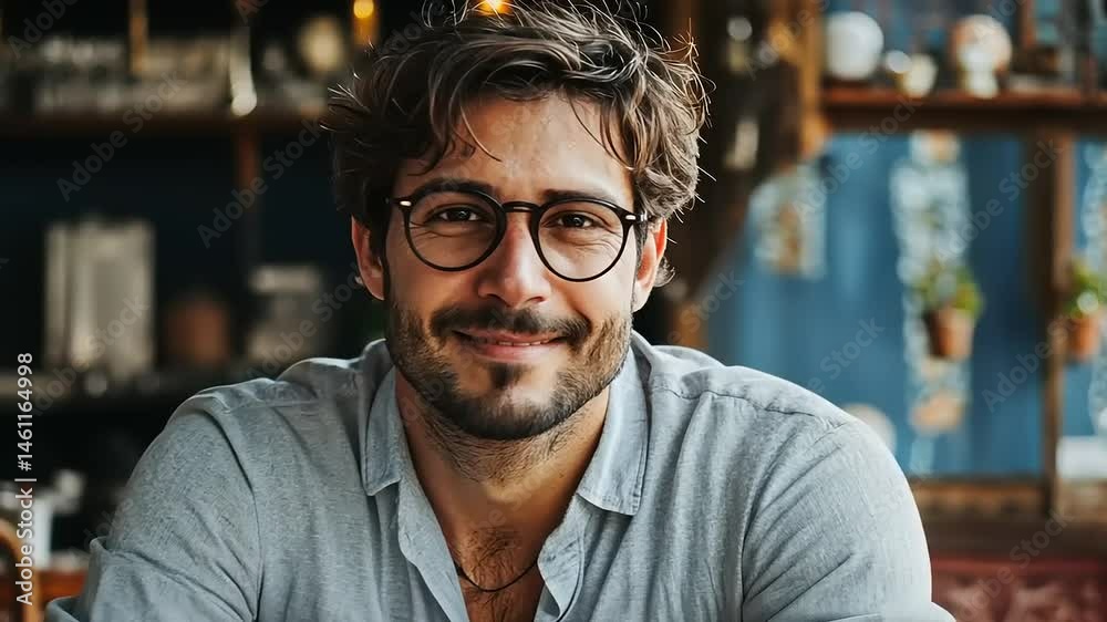 Engaging Portrait of a Smiling Young Man in a Cozy Cafe Setting Engaging Portrait of a Smiling Young Man in a Cozy Cafe Setting