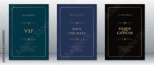 Minimal luxury wedding invitation set with gold frames on black, navy, and emerald backgrounds