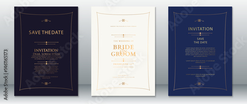 Elegant vintage wedding invitation set with curved gold borders and dark classic backgrounds