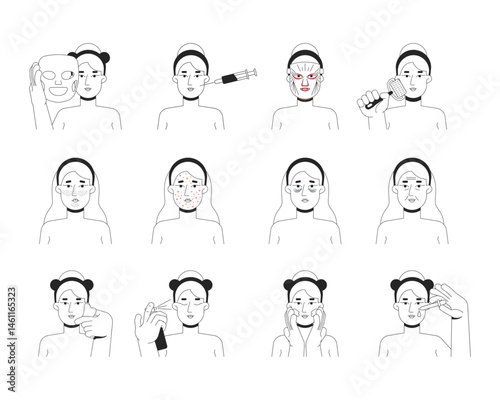 Skincare routine and skin problems outline illustrations set. Cosmetic applying, gua sha, microneedling, acne. Caucasian woman 2D line character isolated on white. Vector ink linear images collection