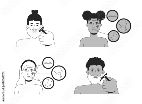 Face skin problems and shaving routine outline illustrations set. Beard grooming, skincare dermatology. Diverse women, men 2D line characters isolated on white. Vector ink linear images collection