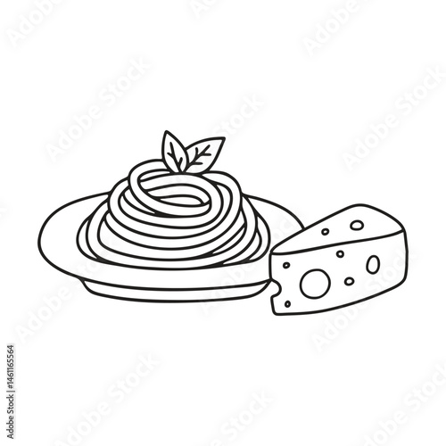 A serving of spaghetti next to a block of cheese