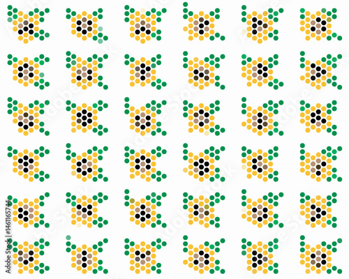 Seamless pattern design composed of abstract sunflower shapes made with colorful circles, features yellow petals, green leaves, and dark centers arranged in a geometric grid over a white background. 
