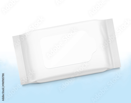 Wet wipes flow package mockup with realistic flap. Vector illustration isolated on white and blue backgrounds. Can be use for your design, promo, adv and etc. EPS10.