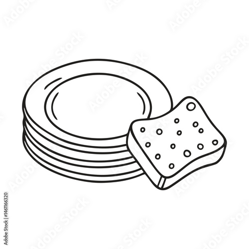 A sponge beside a stack of clean plates