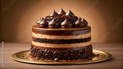 Elegant double-layer chocolate cake with rich filling, topped with swirls and chocolate pieces on a golden platter, gourmet dessert