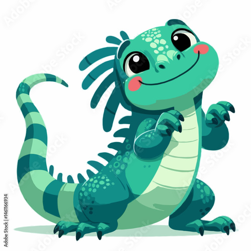 A cute green cartoon vector illustration features a happy baby dinosaur reptile character with a fun smile
