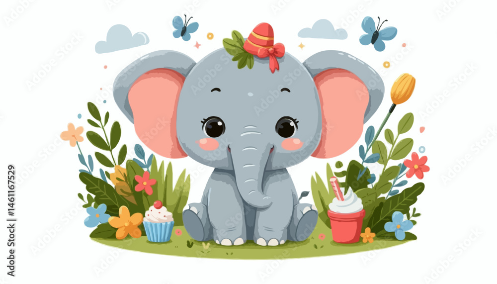Obraz premium A cute baby elephant, a fun cartoon animal with a pink flower, and a blue butterfly make a wild safari illustration