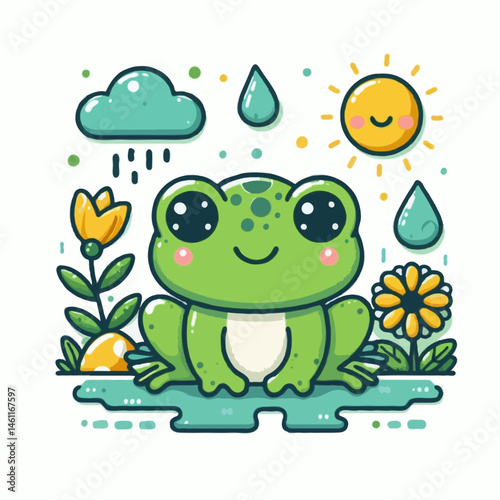 A cute green cartoon frog, a happy amphibian character with a smile, sits isolated on a leaf in its nature pond