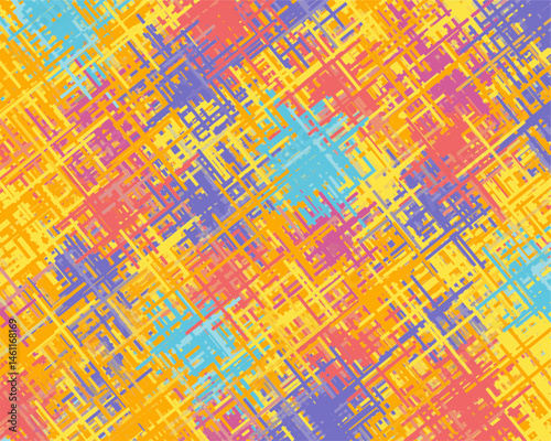 Vivid abstract digital artwork featuring a dynamic grid of intersecting lines in vibrant shades of yellow, orange, red, blue, purple, and pink.