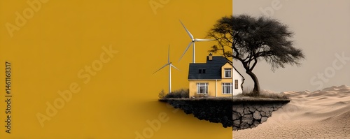 A dramatic visual shows a house divided in two: one half powered by traditional energy sources with visible price tags, and the other half by renewable energy like solar panels and wind turbines. The