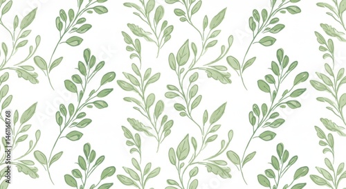 Delicate, repeating pattern of light green leaves and stems on a white background.