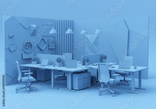 Monochromatic Office Space with Desks and Chairs