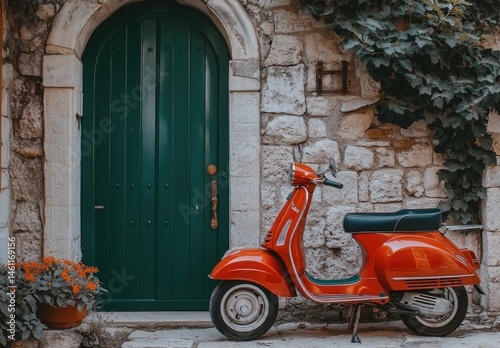 Red   Scooter by Green Door in Stone Alleyway