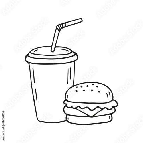 A carton drink with bent straw with burger beside