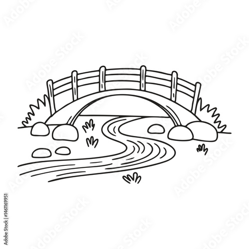 A winding stream meeting a calm river under a wooden bridge