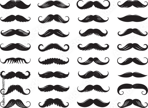 Collection of different moustache styles black silhouette vector illustration on white background