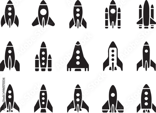 Collection of various rocket ship icons spaceship launch symbols illustration black and white