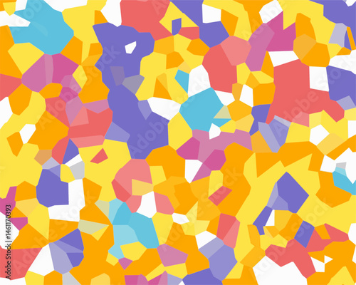Bright and modern abstract artwork featuring an irregular mosaic of polygonal shapes in vivid colors including yellow, orange, purple, red, pink, and blue.