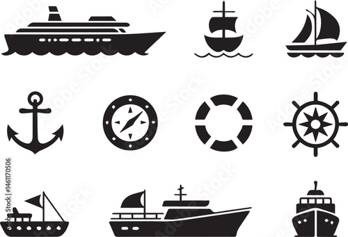 Nautical icon set featuring ships compass anchor and lifebuoy in black silhouette
