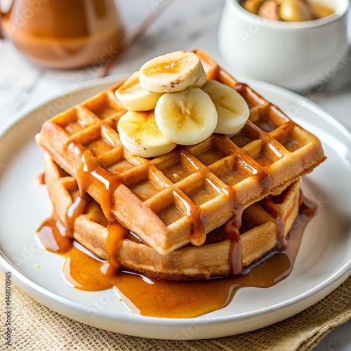 Waffles with Caramel and Banana Slices Brunch Concept photo