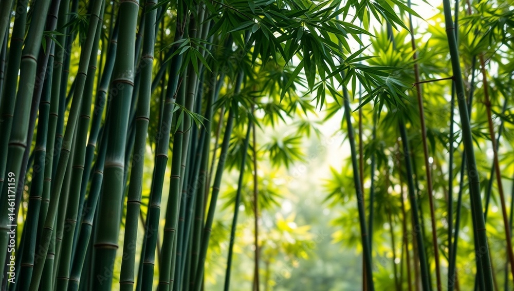 Fototapeta premium Serene Bamboo Forest with Sunlight and Lush Greenery