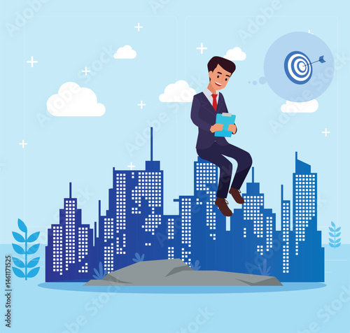Boss or an employee at workplace holding a board. Male office workers dressed in smart clothes. Flat cartoon vector illustration on a transparent background.