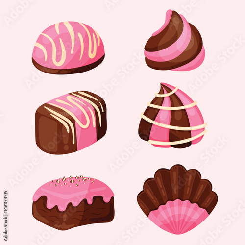 Valentine Ruby Chocolate Set. Chocolate Candies and White Chocolate Desserts, Sweets, and Pastries Vector Illustration