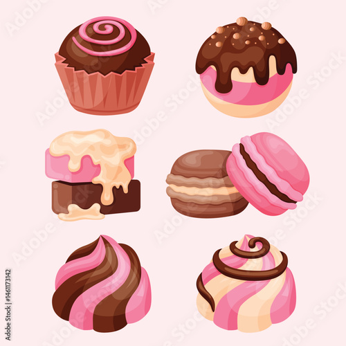 Valentine Ruby Chocolate Set. Chocolate Candies and White Chocolate Desserts, Sweets, and Pastries Vector Illustration