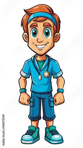 Friendly cartoon doctor in blue uniform.