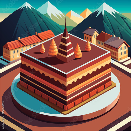 Delicious layered cake with mountain village.