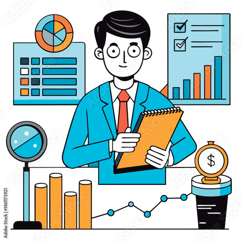 Vector illustration of a Businessman reviews financial data.