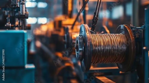 A cable winding machine on the right, wires and coils blurred behind, left side clear for branding 