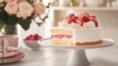 Strawberry cake slice on a stand. Layers of sponge cake, creamy frosting, and fresh strawberries