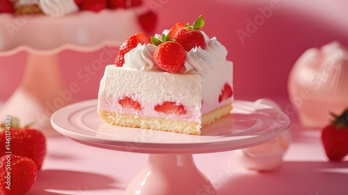 Strawberry cheesecake slice on pink display