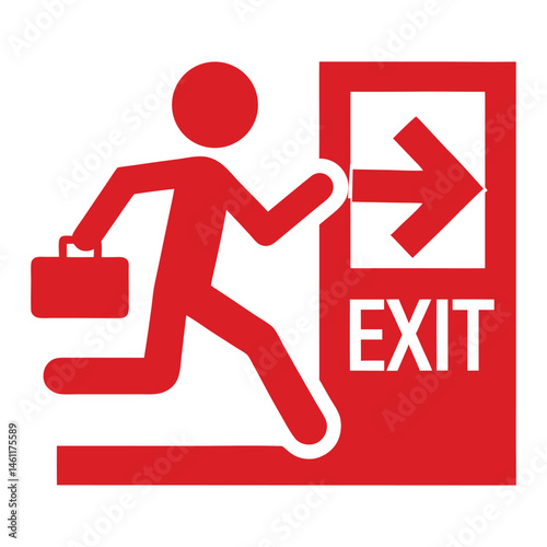Red silhouette of a person running with a briefcase toward a labeled EXIT door and right-pointing arrow conveys urgency and directional movement, symbolizing fast departure, a strong sense of motion. 