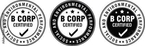 black and white round labels with text b corp certified, used for social and environmental performance verification and branding icons	