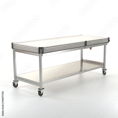 Mobile worktable with stainless steel top.