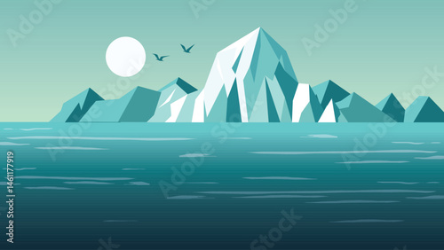 Iceberg Ice Mountain Nature Landscape Floating on Blue Ocean in the North Pole with Sun in the Sky