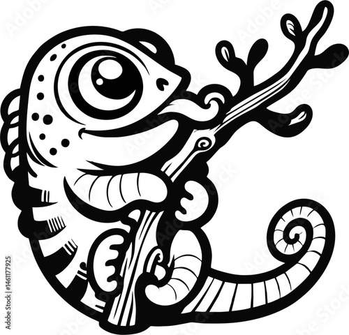 Cartoon Chameleon with Tongue Out Climbing Branch in Black and White
