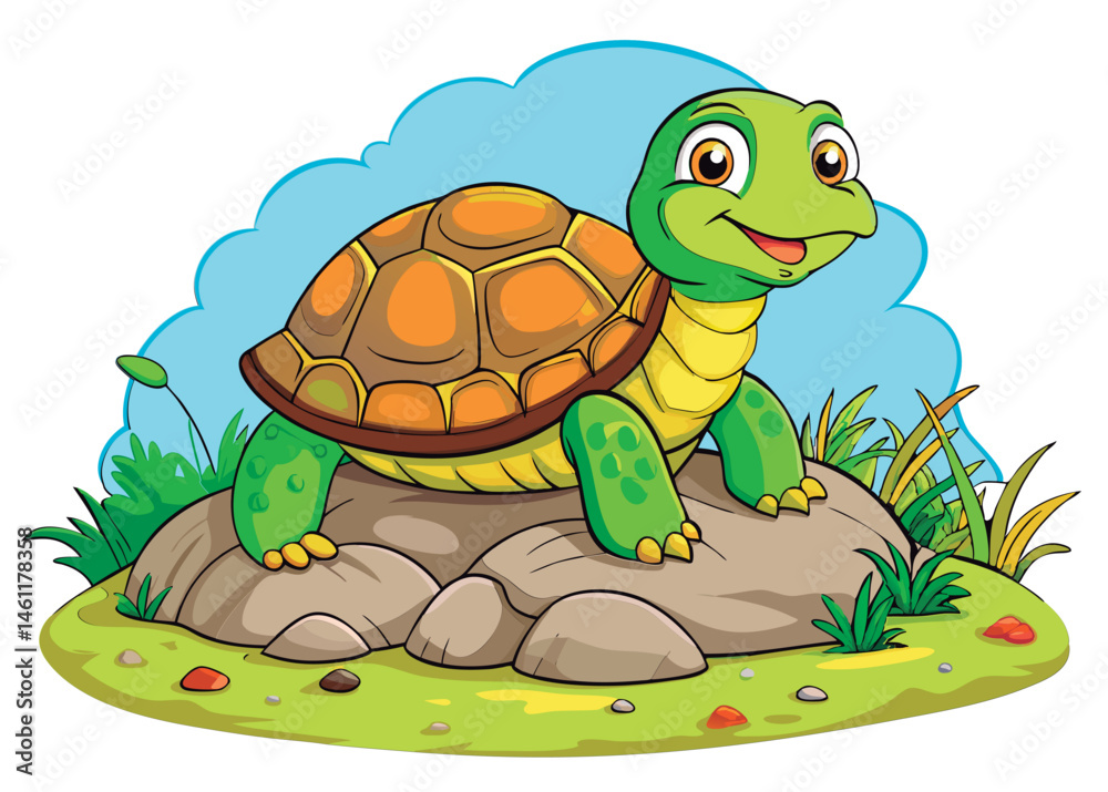 Fototapeta premium Cute turtle sits on a rock.