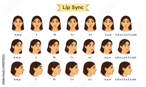 Woman Character Lip Sync Sheet Set. Cartoon Mouth Animation Lip Sync Set for Pronunciation. Cartoon Lip Sync Set for animation. Lip Sync Side, Front View Set and ⅓ front view.