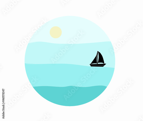 Vector illustration of a minimalist sailboat sailing on calm sea waves under the sun, enclosed in a circular frame. Featuring soft blue tones and simple shapes. 