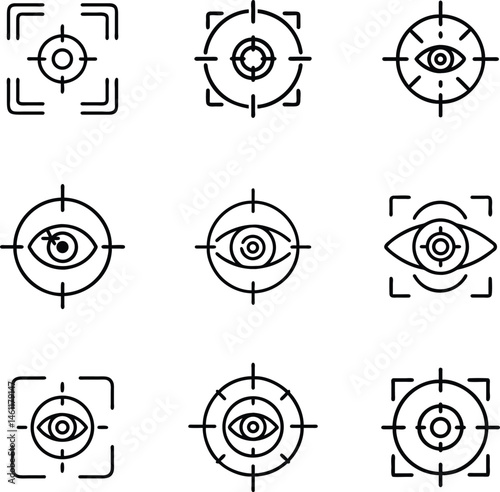 Eye Target Line Icons. Vision, Focus, and Aim Vector Symbol Set