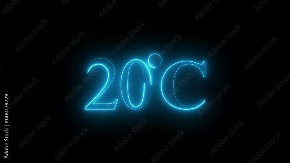 Glowing neon digital temperature display showing 20°C on black background Glowing neon digital temperature display showing 20°C on black background